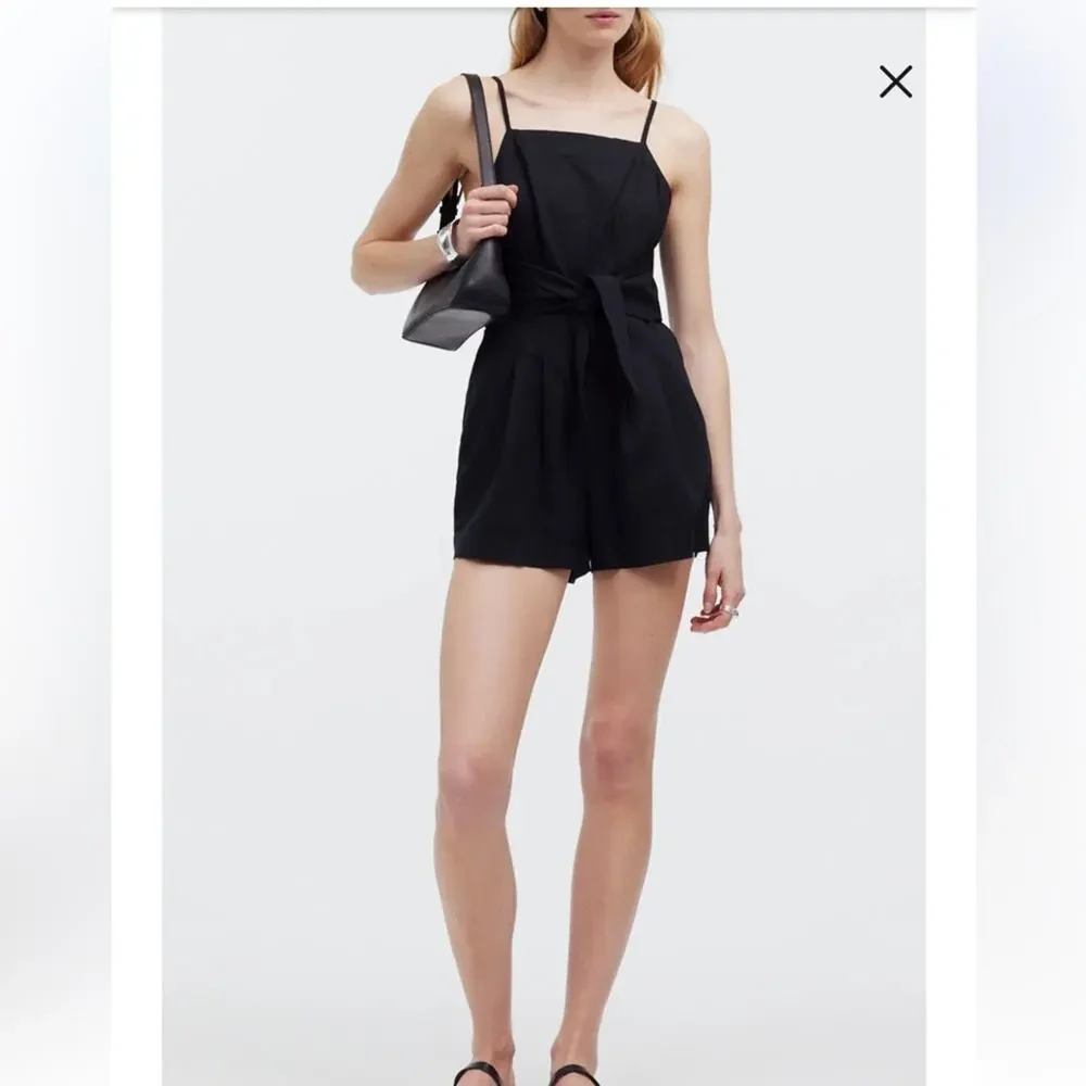 Madewell Tie Waisted Linen Blend Romper Black Size 0